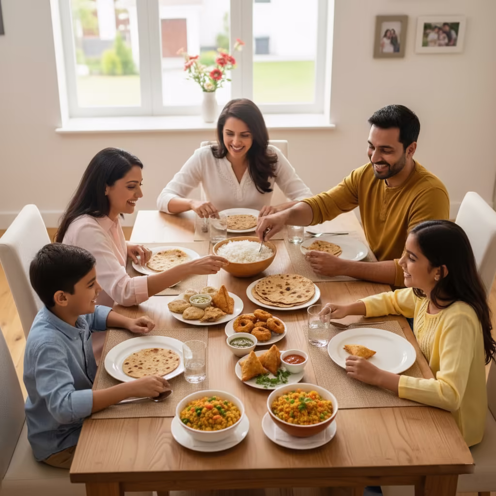 Image of a family eating their lunch-foods-made-with-saanvi-atta-maida-rice-suji-and-besan