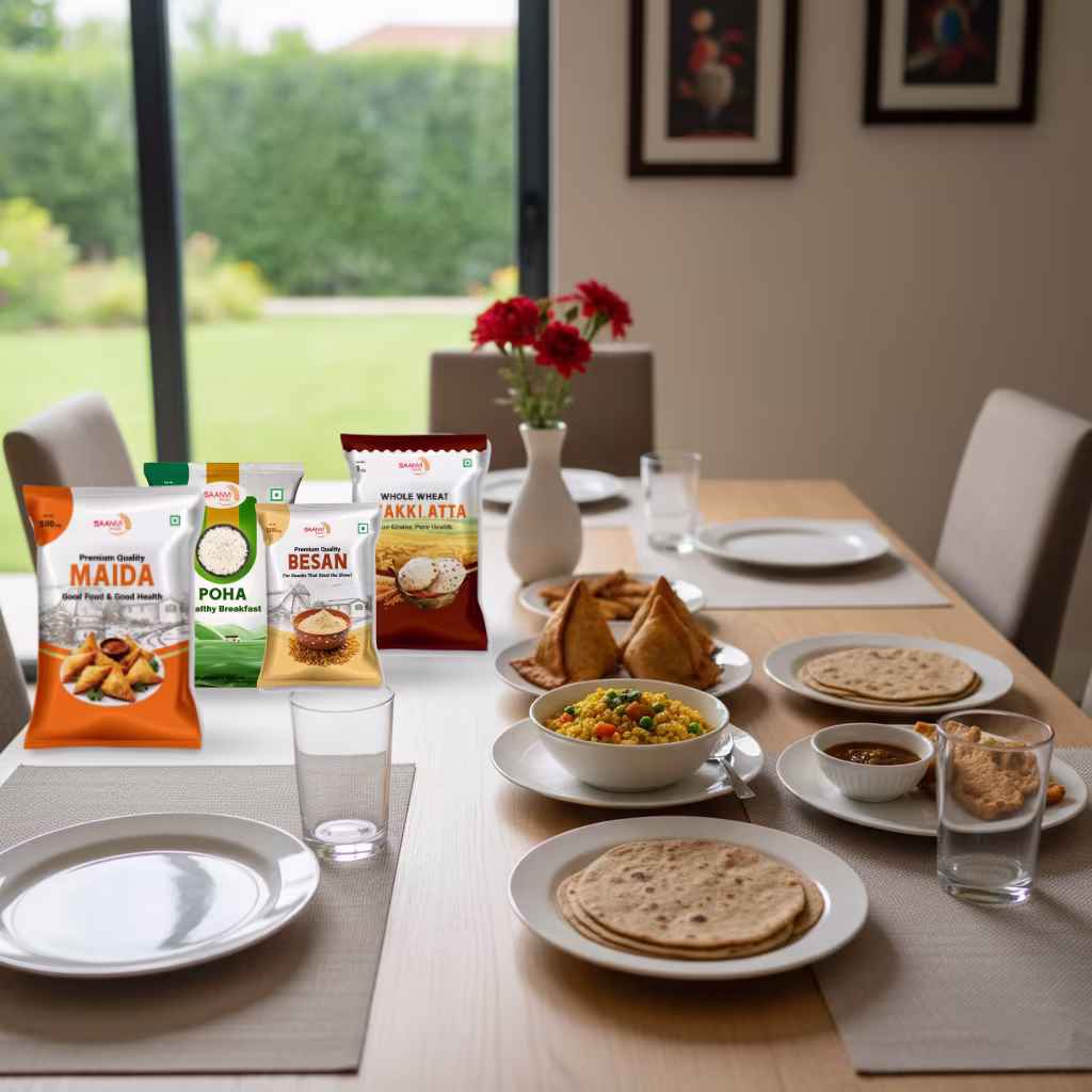 Image-of-a-table-showcasing-foods-on-plate-made-with-saanvi-atta-poha-maida